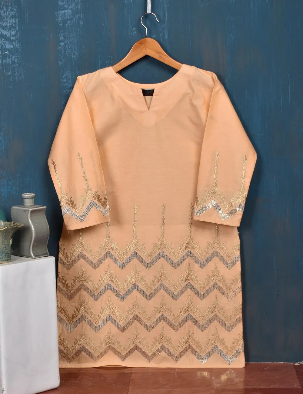 Cotton Embroidered Kurti - Beach waves (T20-028-Peach)