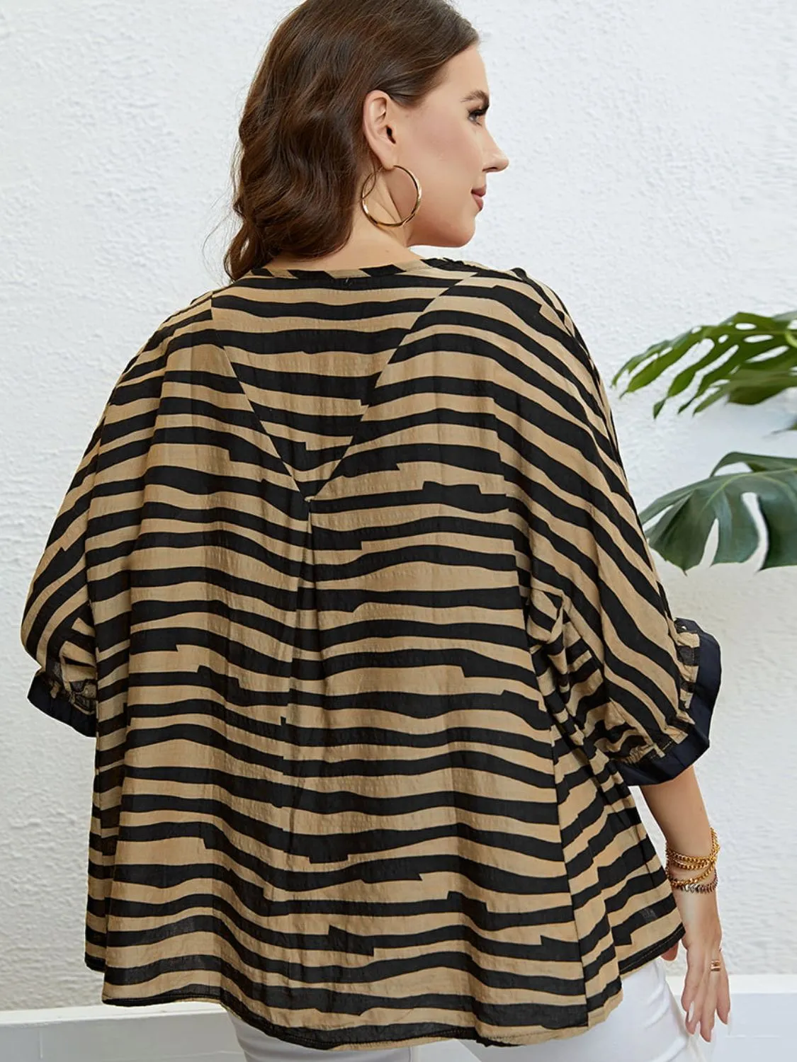 Curves Striped Three-Quarter Sleeve Boat Neck Top