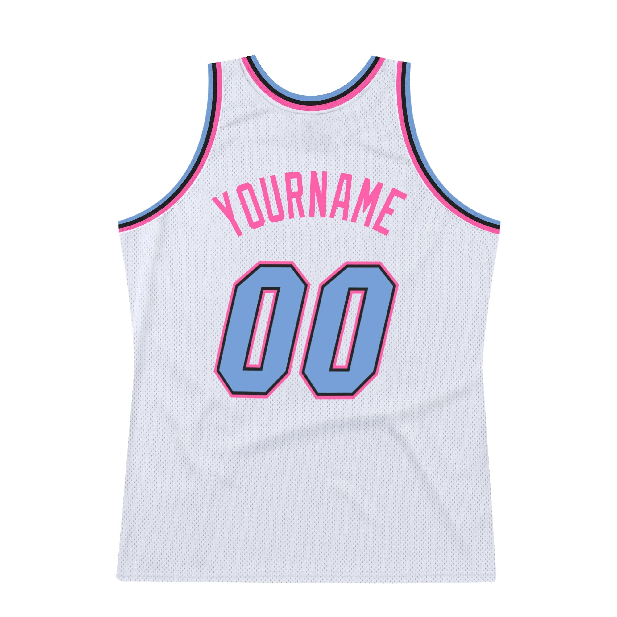 Custom White Light Blue-Pink Authentic Throwback Basketball Jersey