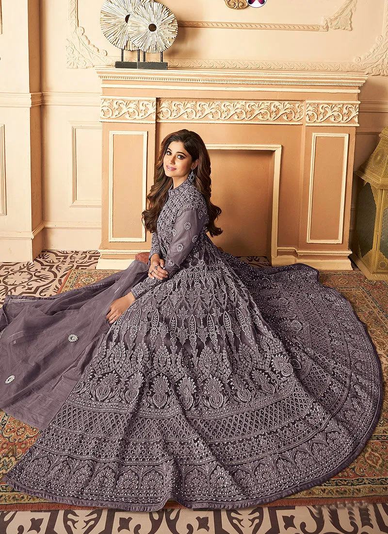 Deep Purple Lucknowi Embroidered Anarkali Lehenga