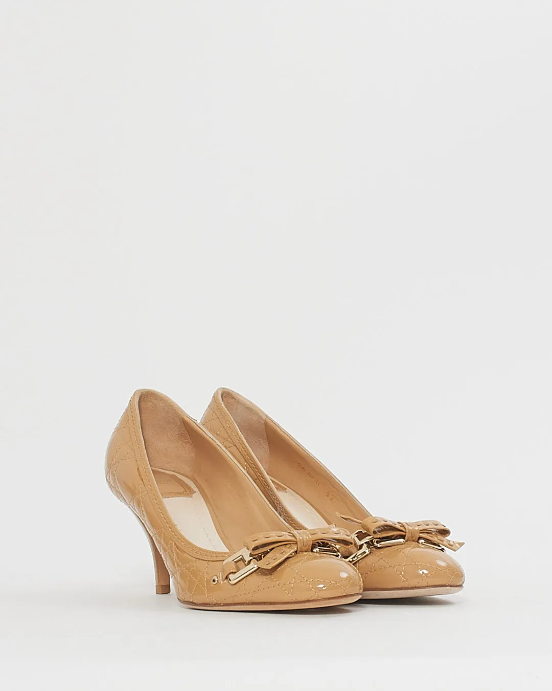 Dior Beige Patent Quilted Bow Detail Pumps - 37