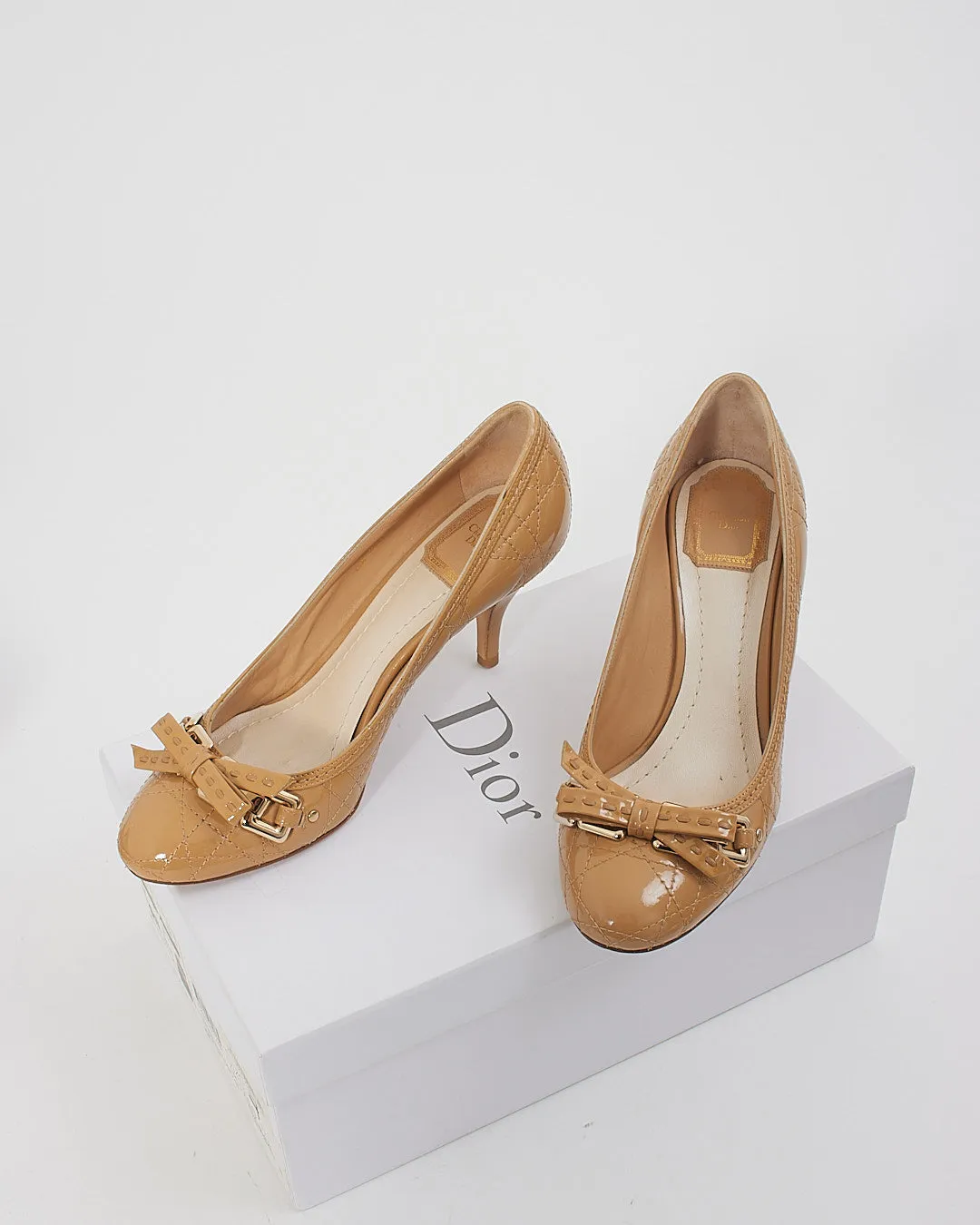 Dior Beige Patent Quilted Bow Detail Pumps - 37