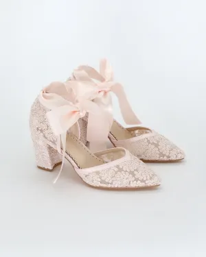 Dusty Pink Block Heel Lace Ankle Wrap Evening Shoes