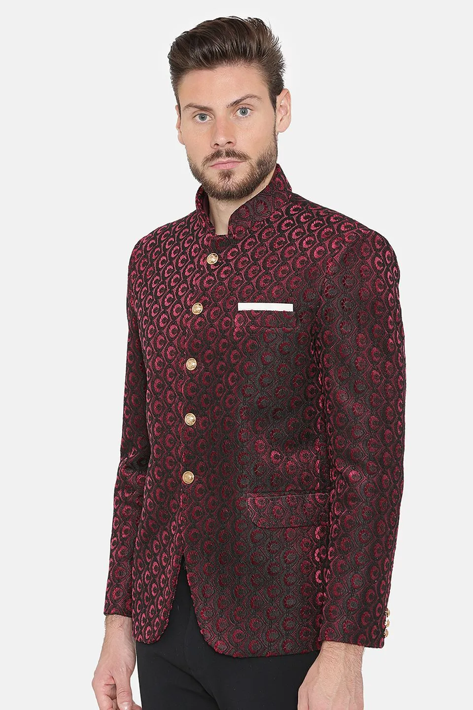 Embroided Velvet Red Bandhgala