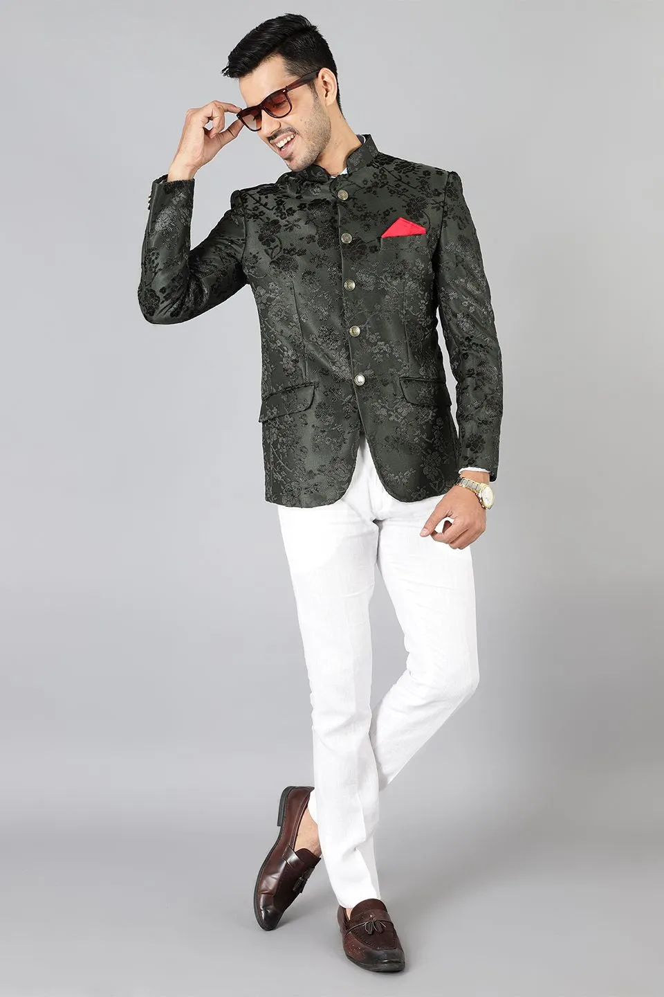 Emroidered Velvet Green Bandhgala