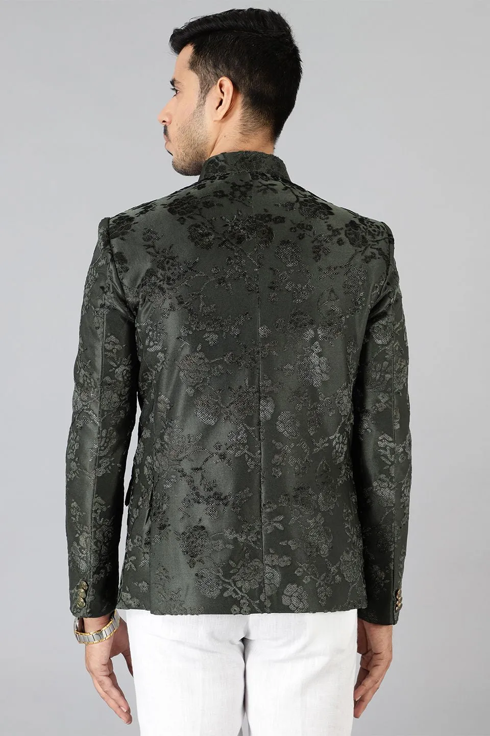 Emroidered Velvet Green Bandhgala