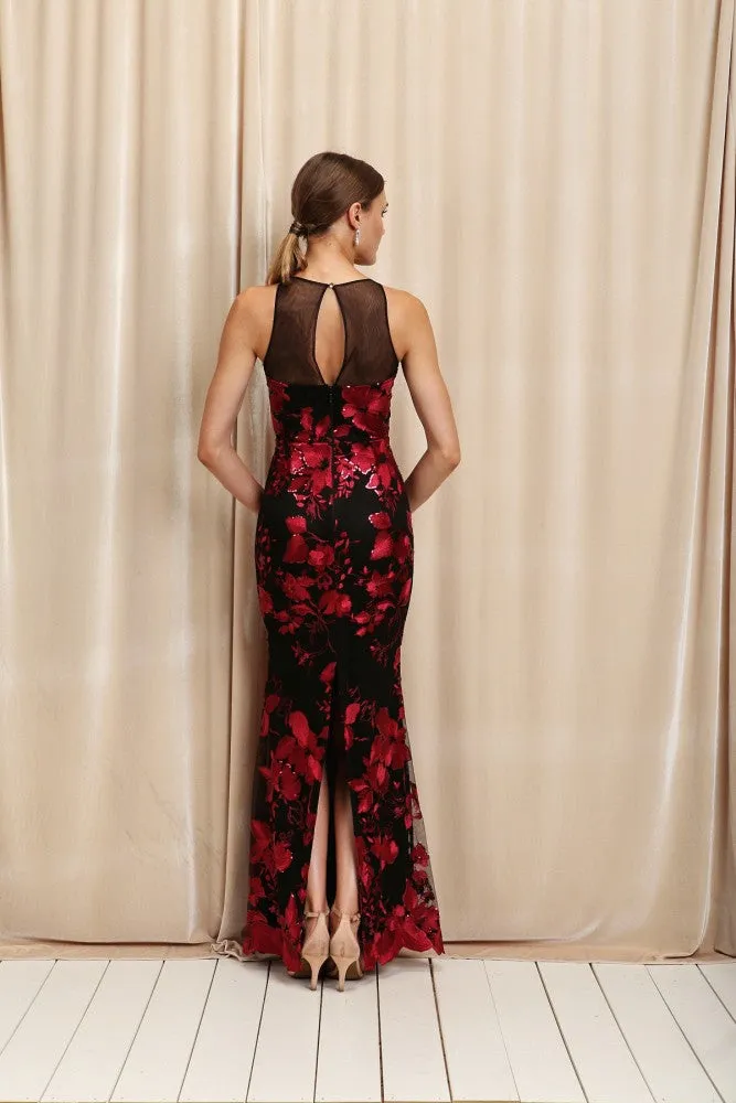 FLORAL EMBROIDERED FULL LENGTH PARTY DRESS WITH LACE BACK AND BACK SLIT