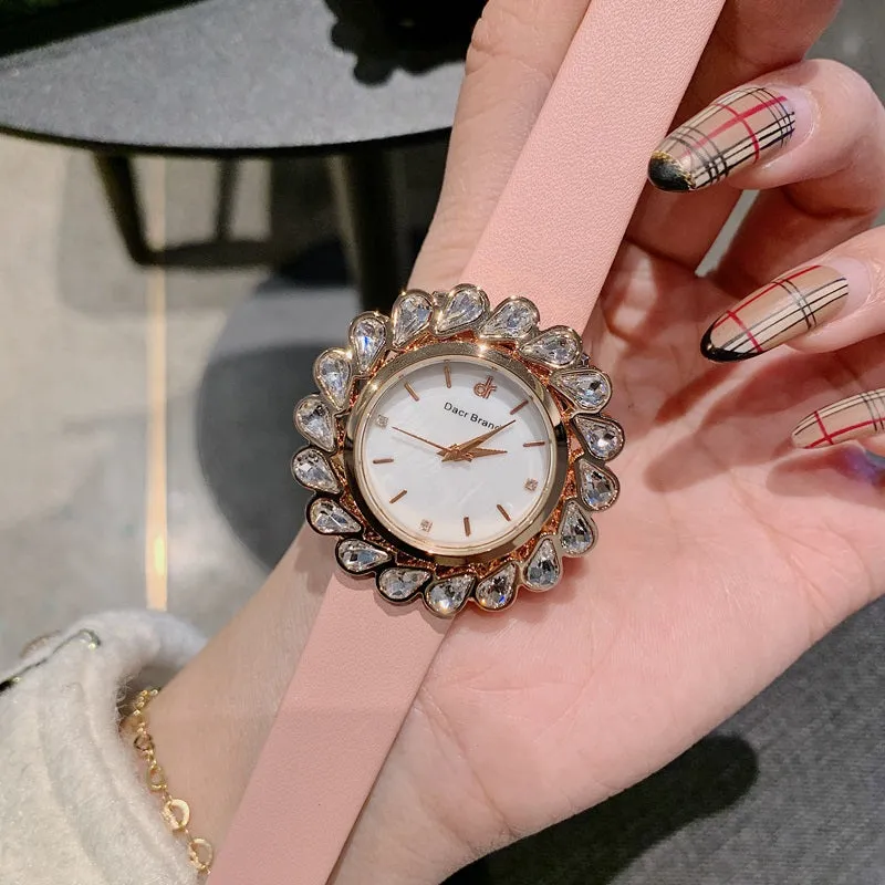 Flower Design Zircon Leather Strap Women's Watch