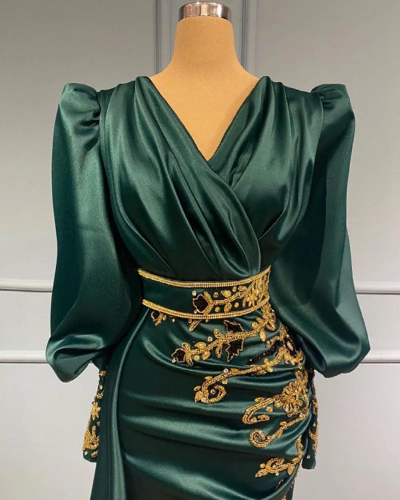 Formal Prom Party Gowns With Gold Lace Long Sleeves