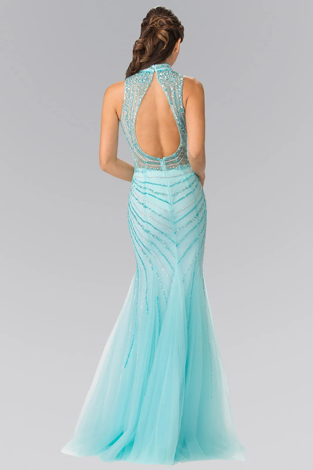 Full Beaded Halter Neck Illusion Top Dress with Open Back