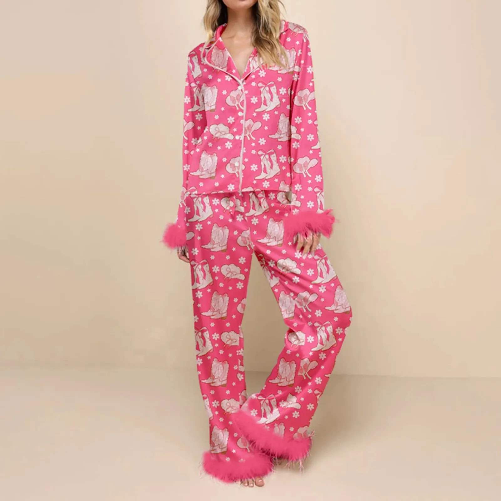 Fur Trim Holiday PJs - Soft Satin 2-Piece Lounge Set