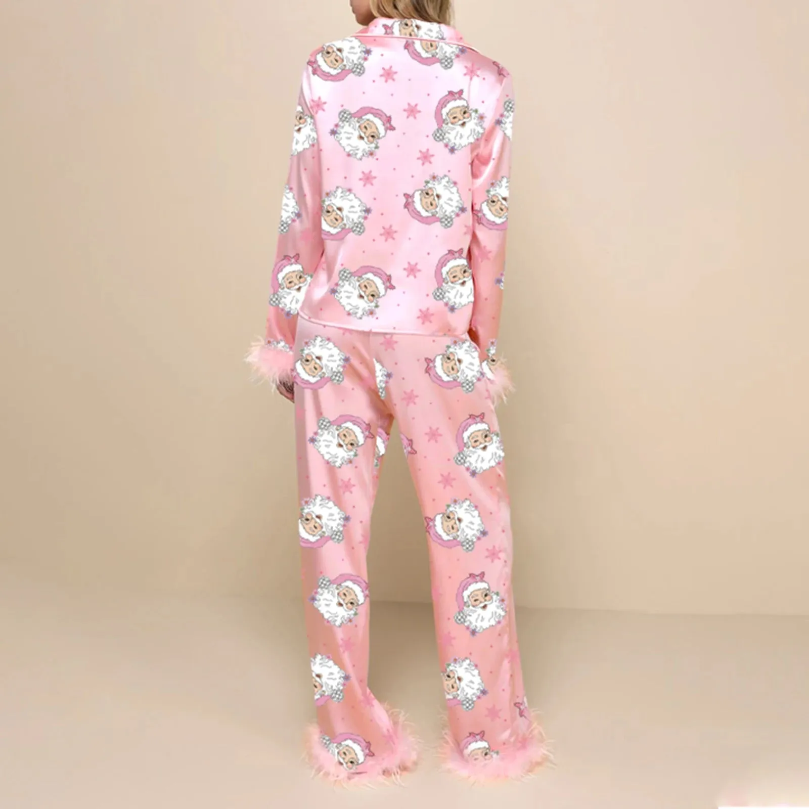 Fur Trim Holiday PJs - Soft Satin 2-Piece Lounge Set