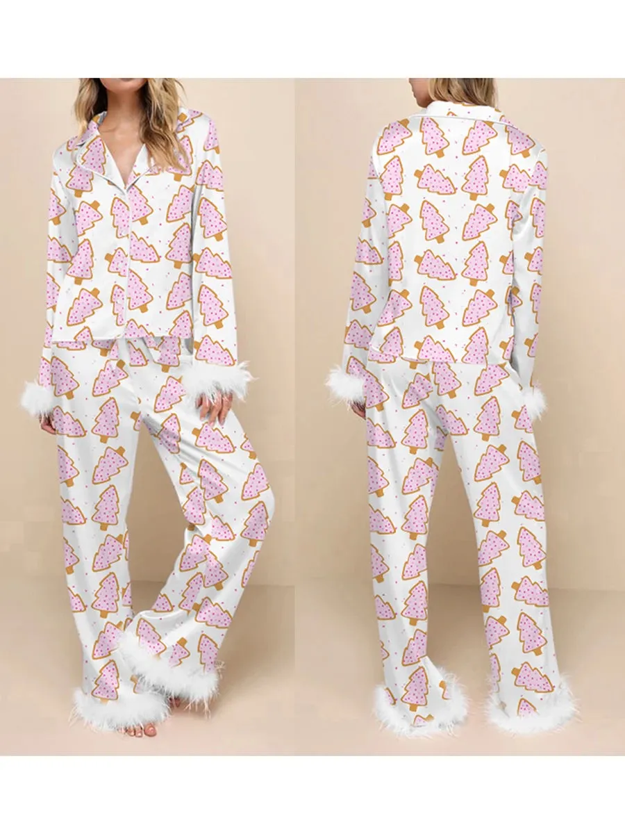 Fur Trim Holiday PJs - Soft Satin 2-Piece Lounge Set