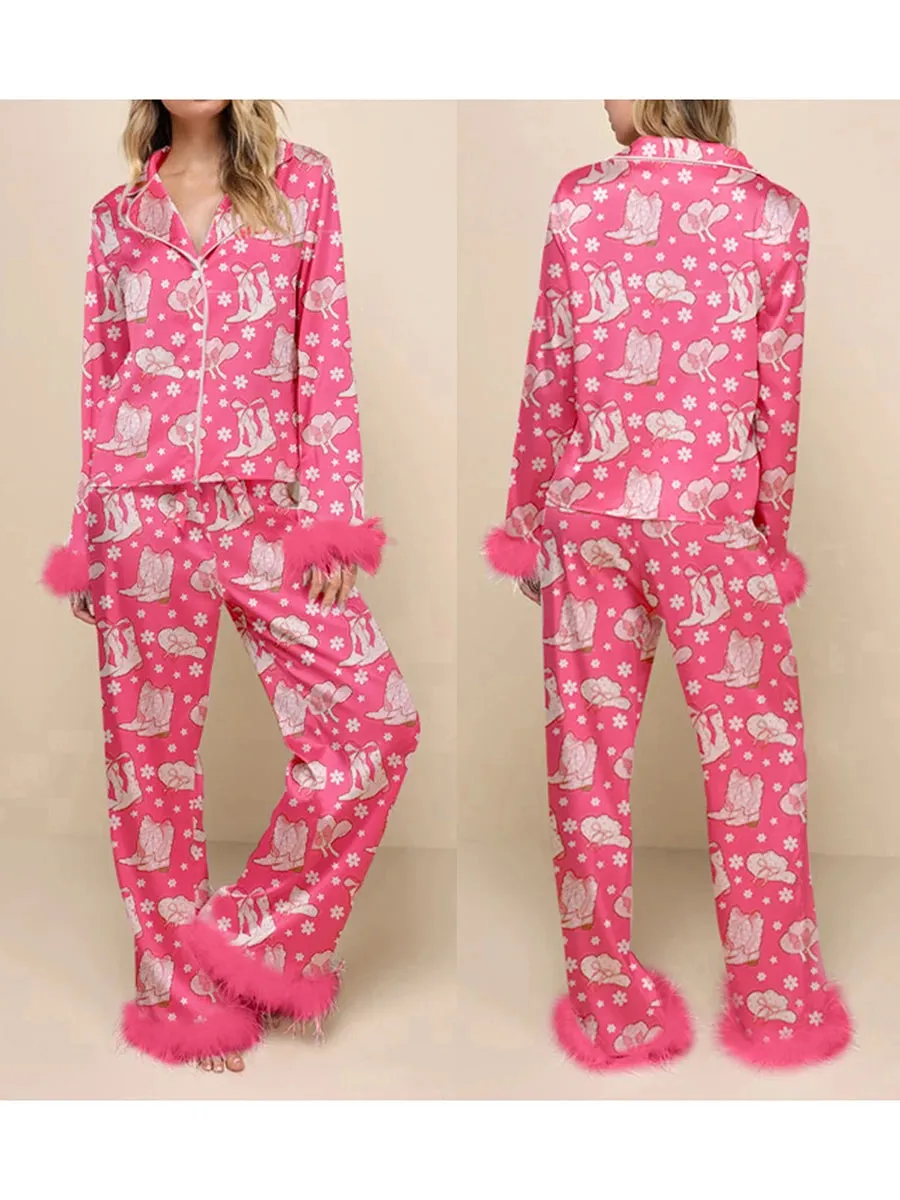 Fur Trim Holiday PJs - Soft Satin 2-Piece Lounge Set