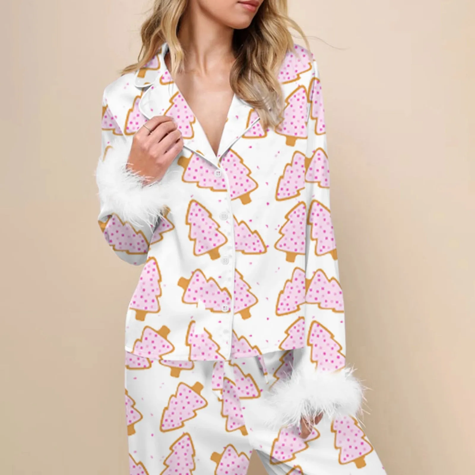 Fur Trim Holiday PJs - Soft Satin 2-Piece Lounge Set