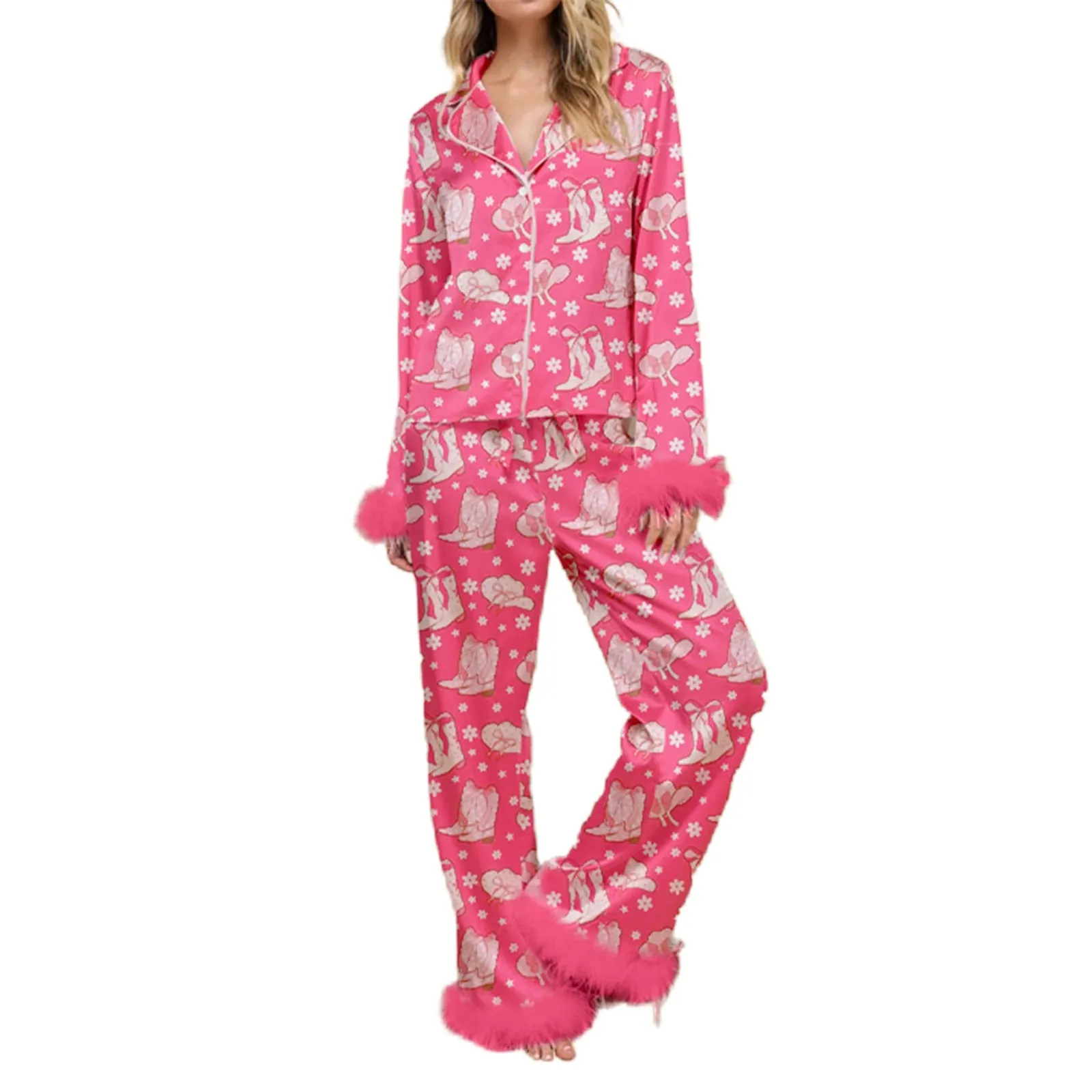 Fur Trim Holiday PJs - Soft Satin 2-Piece Lounge Set