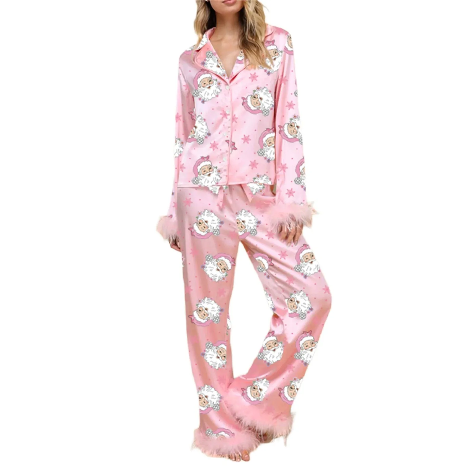Fur Trim Holiday PJs - Soft Satin 2-Piece Lounge Set
