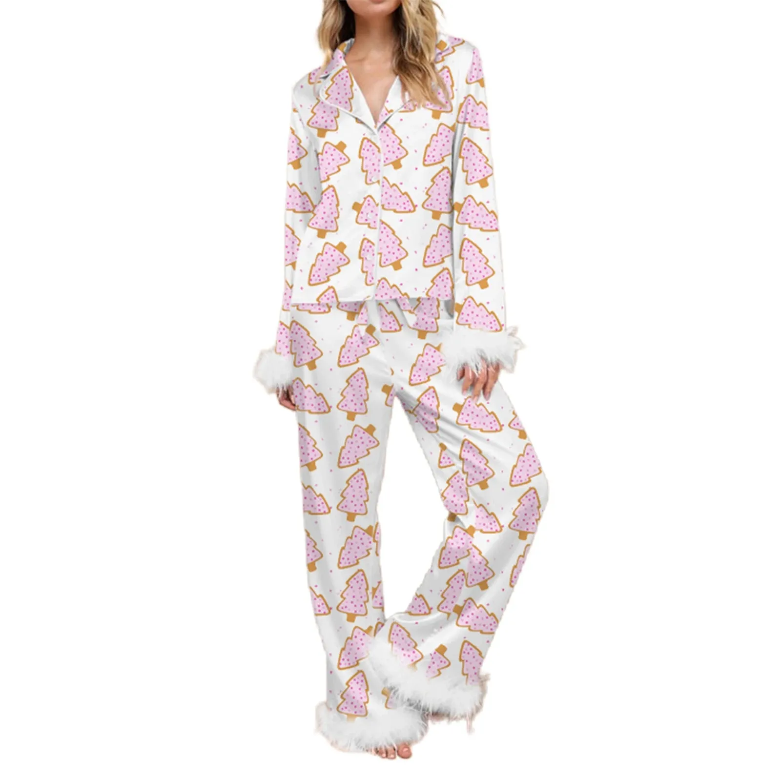 Fur Trim Holiday PJs - Soft Satin 2-Piece Lounge Set