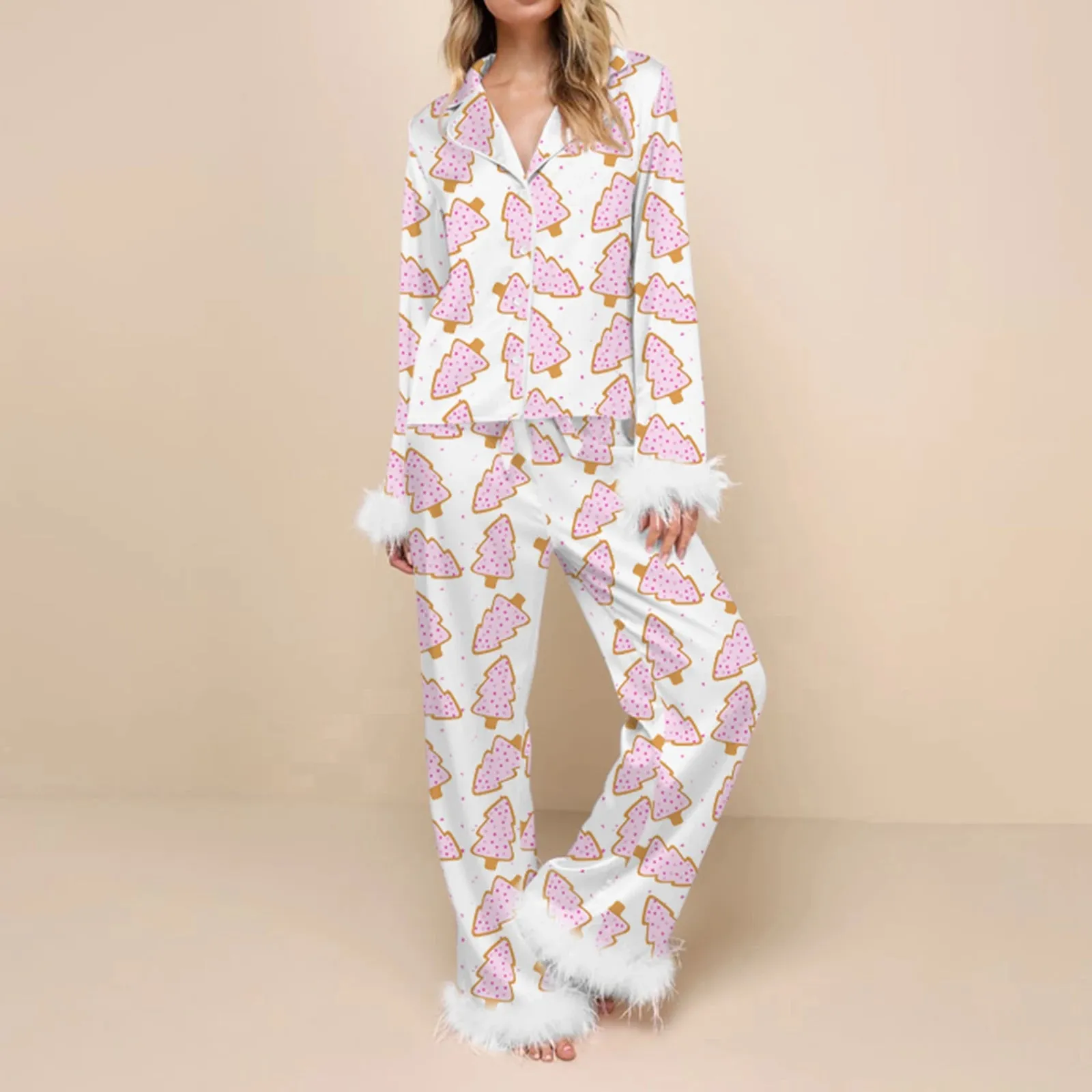 Fur Trim Holiday PJs - Soft Satin 2-Piece Lounge Set