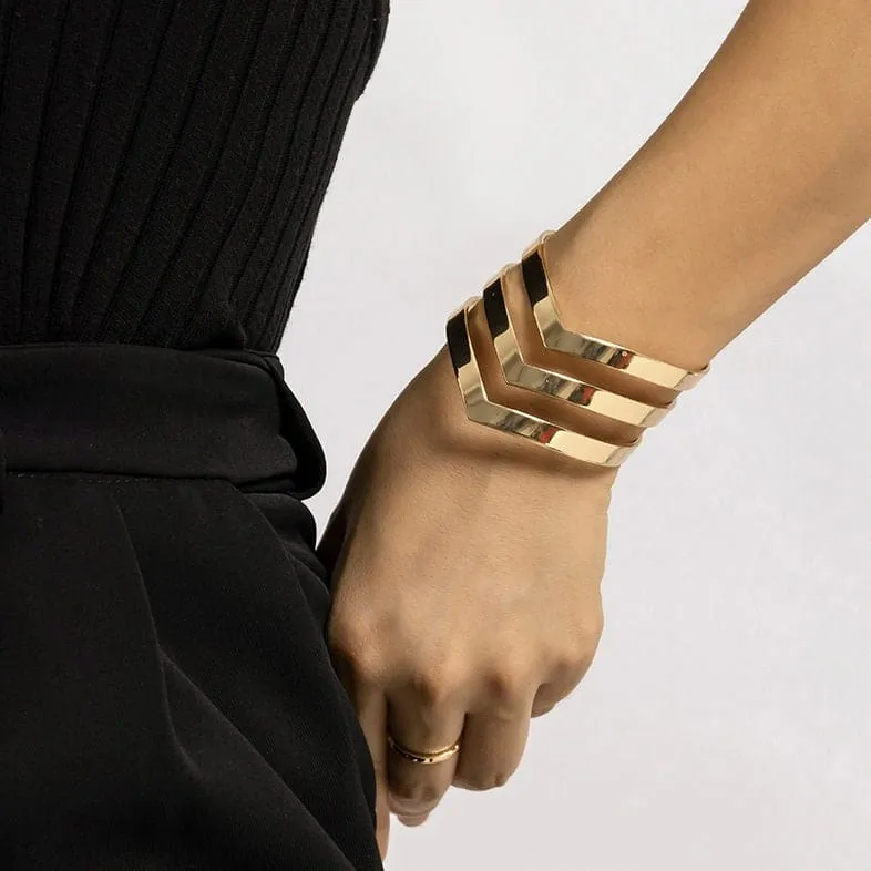 Geometric Abstract V Shaped Pattern Bold Cuff Bracelet