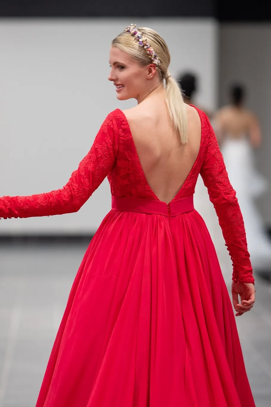 GODDESS Lace Low Back A-Line Chiffon Houte Couture Evening Gown