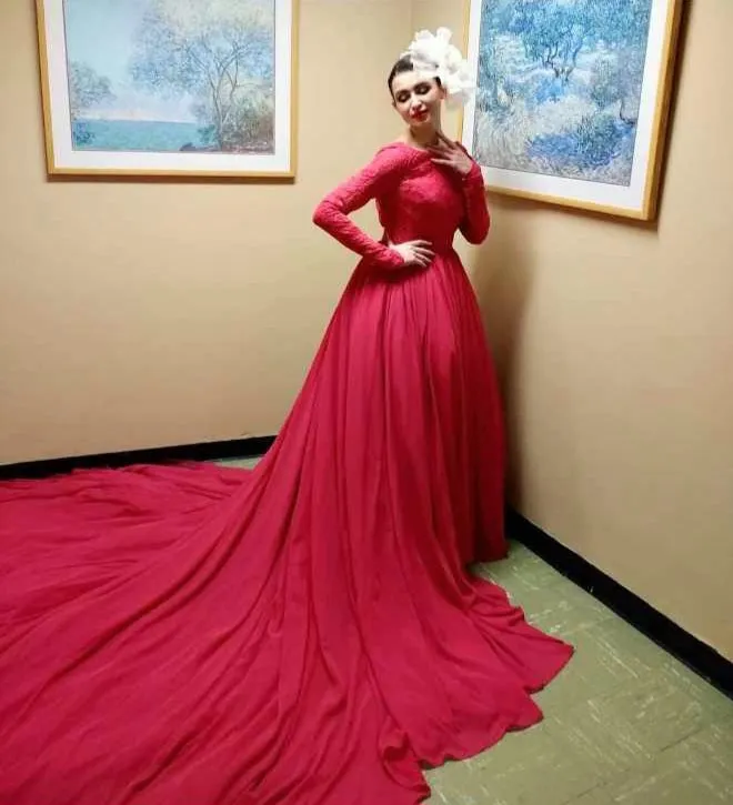 GODDESS Lace Low Back A-Line Chiffon Houte Couture Evening Gown