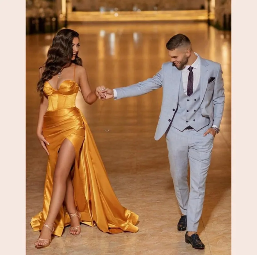 Gold Sweetheart Prom Dresses Satin Long Evening Gown Sexy
