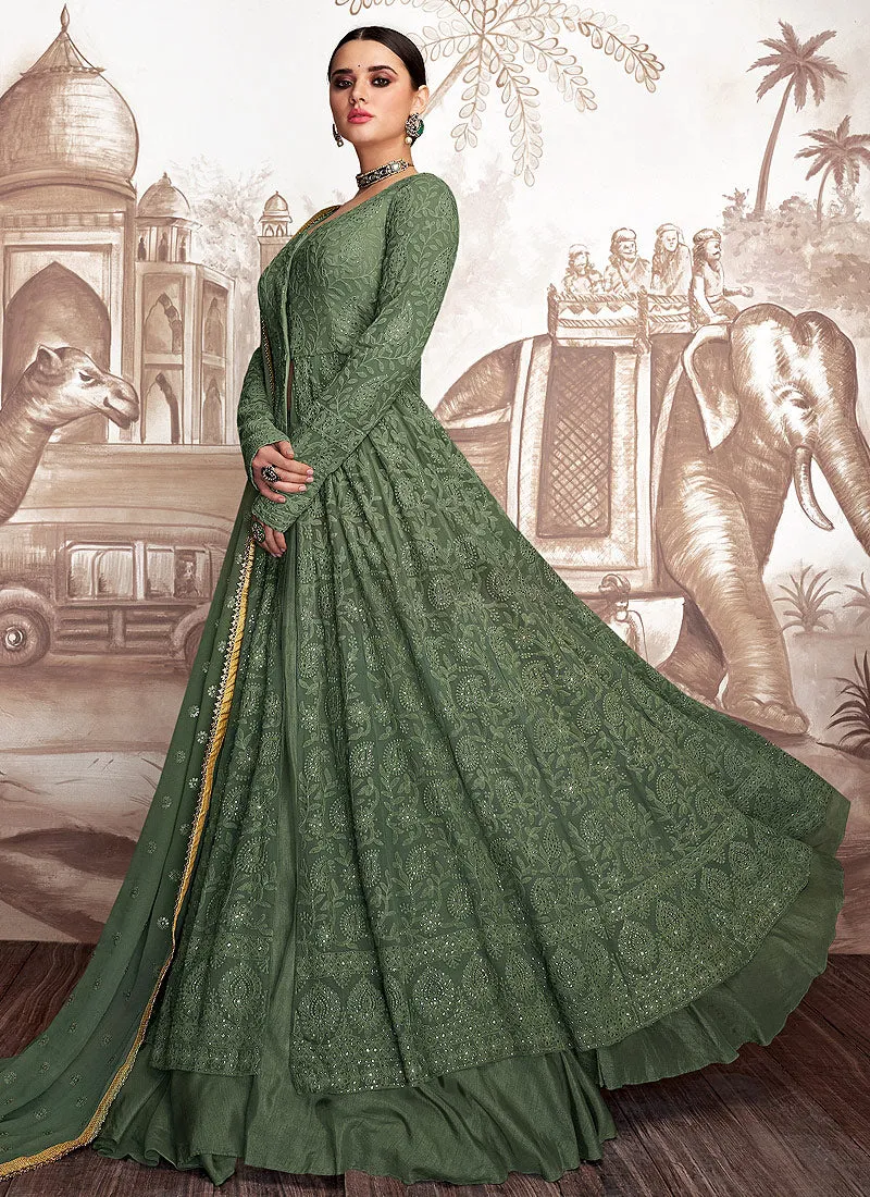 Green Golden Embroidered Anarkali Lehenga Suit