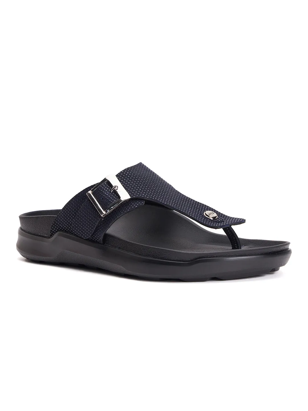 Hitz Men's Black Leather Open Toe Slippers