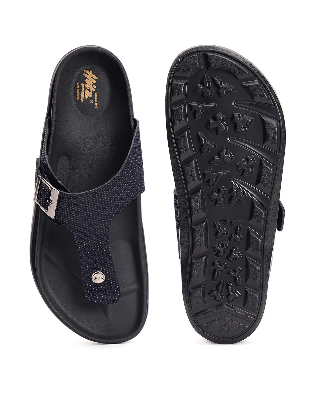 Hitz Men's Black Leather Open Toe Slippers