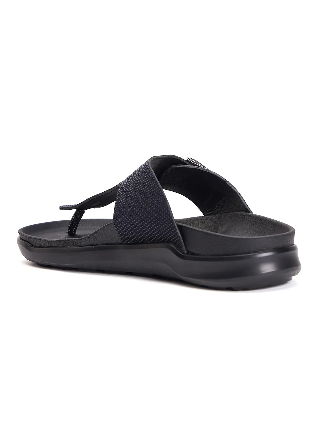 Hitz Men's Black Leather Open Toe Slippers
