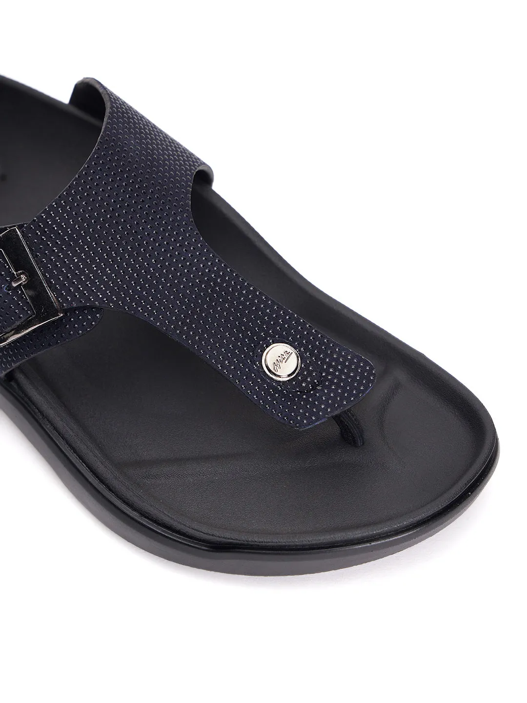 Hitz Men's Black Leather Open Toe Slippers