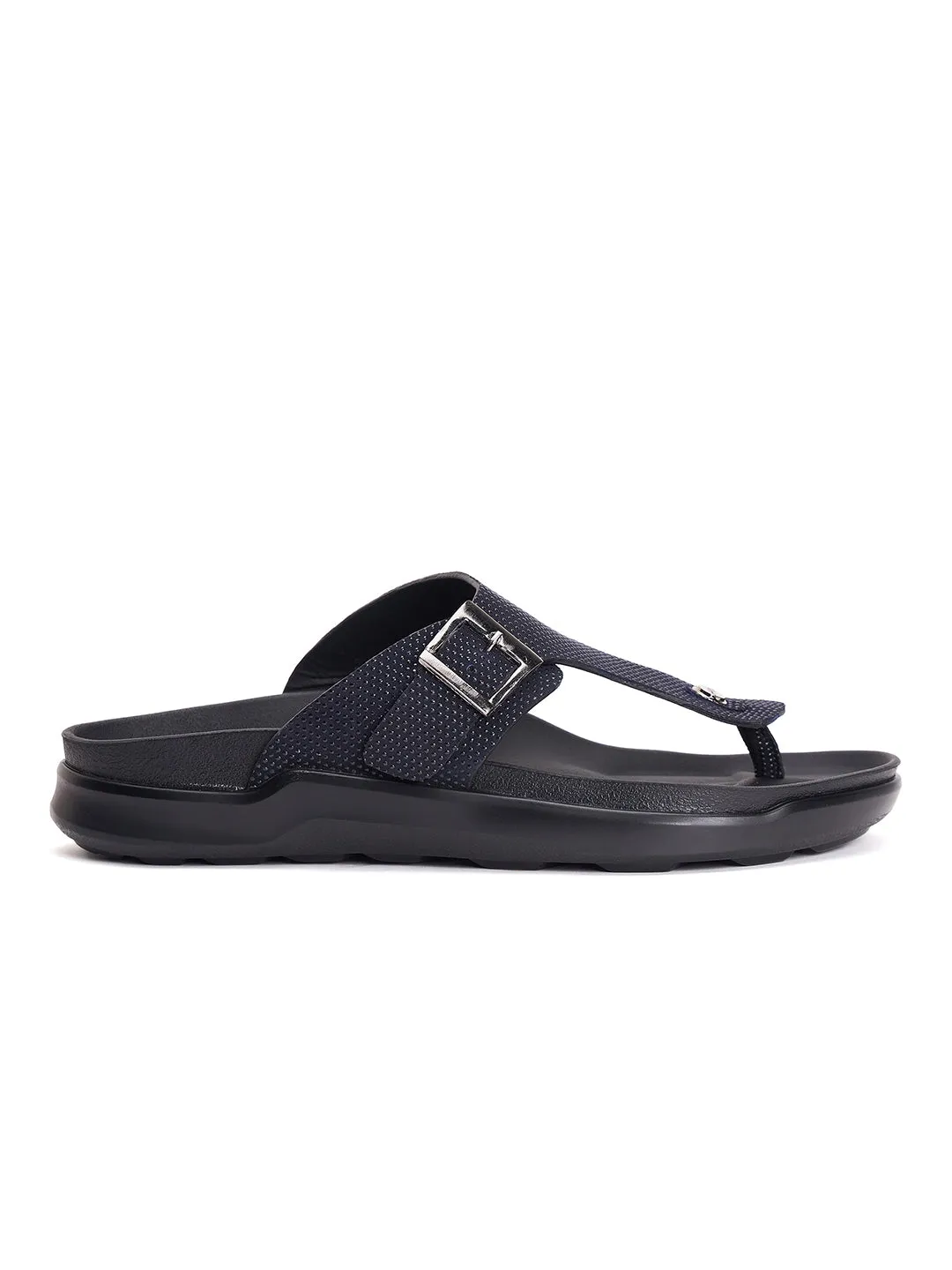 Hitz Men's Black Leather Open Toe Slippers