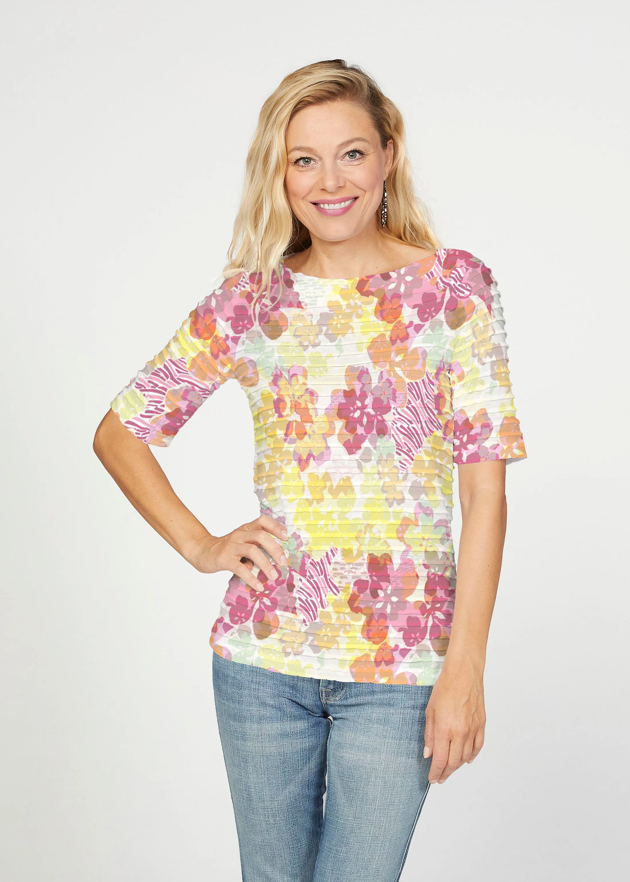 Hollyhocks (8070) ~ Banded Elbow Sleeve Boat Neck Top