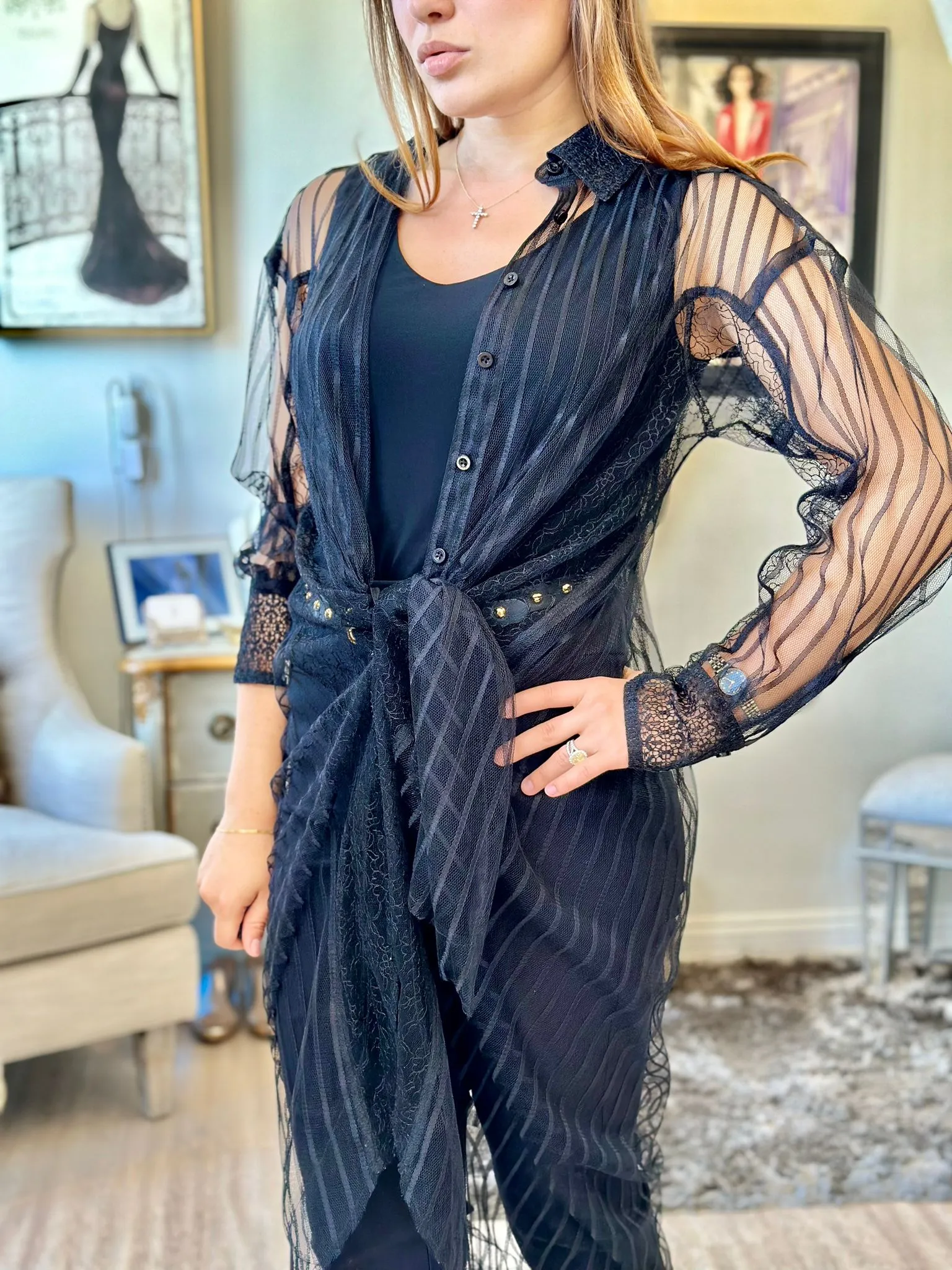 In Earnest By Byron Lars Sheer Striped Oversize Blouse