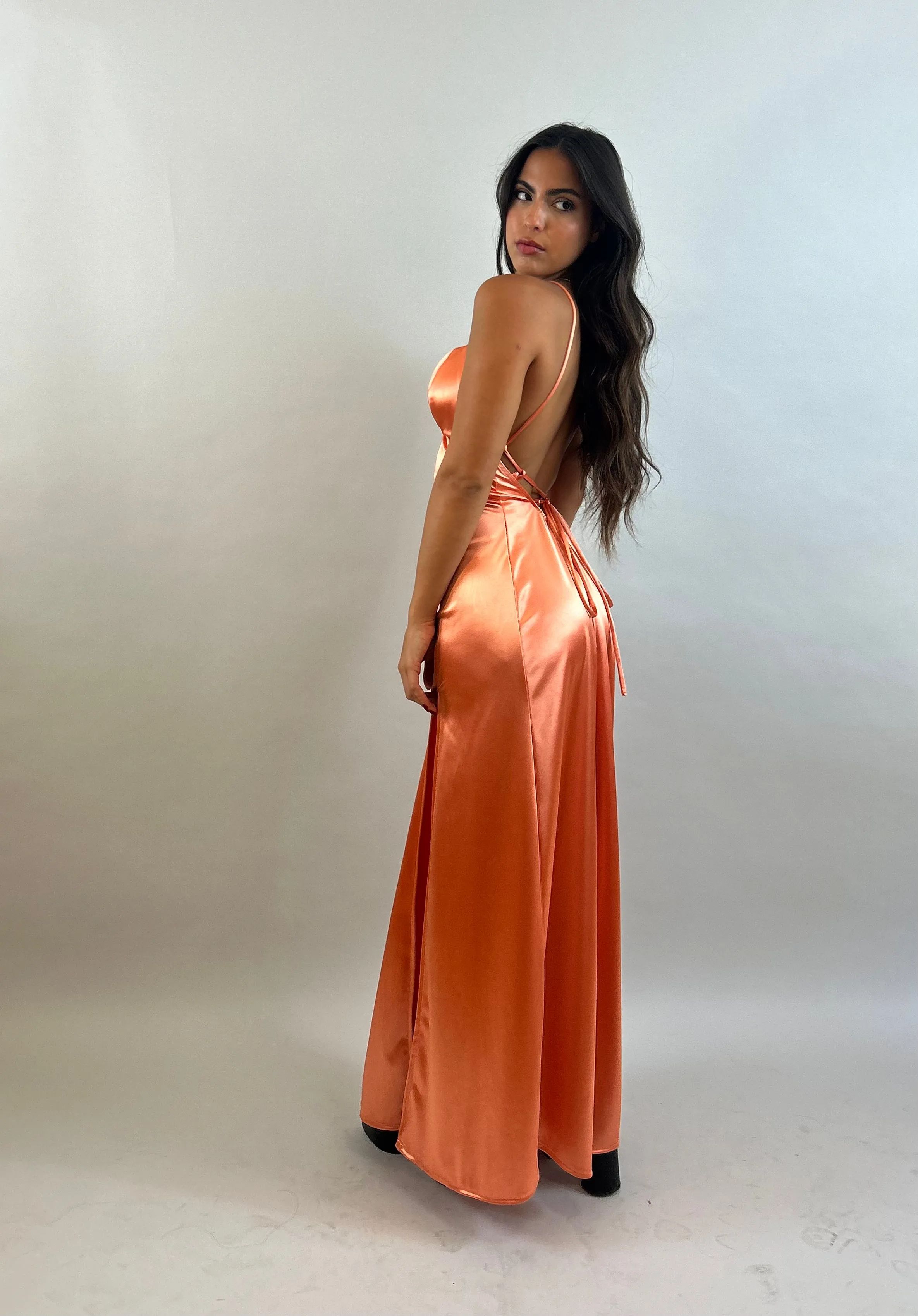 Jessy - Orange V-Neck Satin Evening Dress
