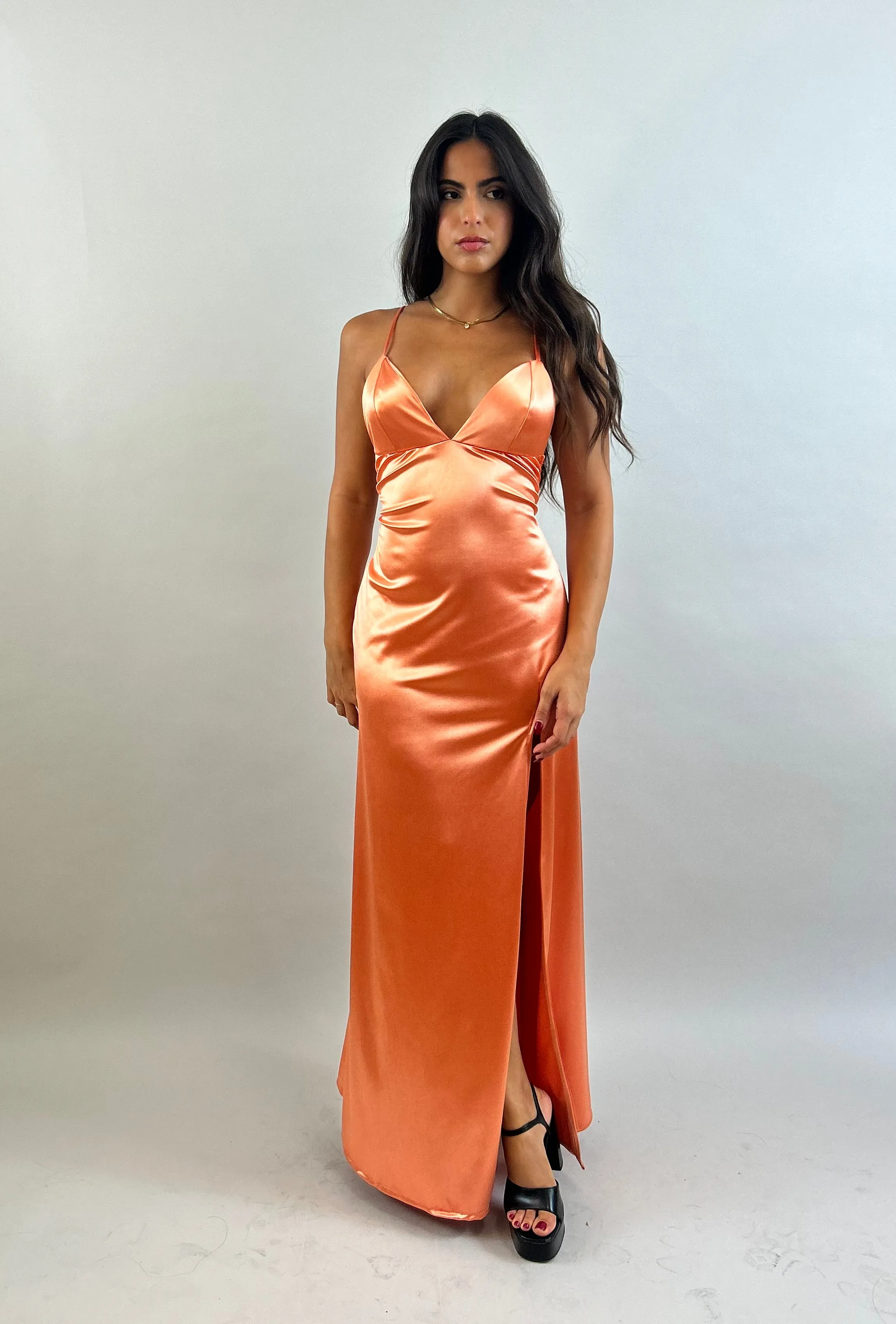 Jessy - Orange V-Neck Satin Evening Dress