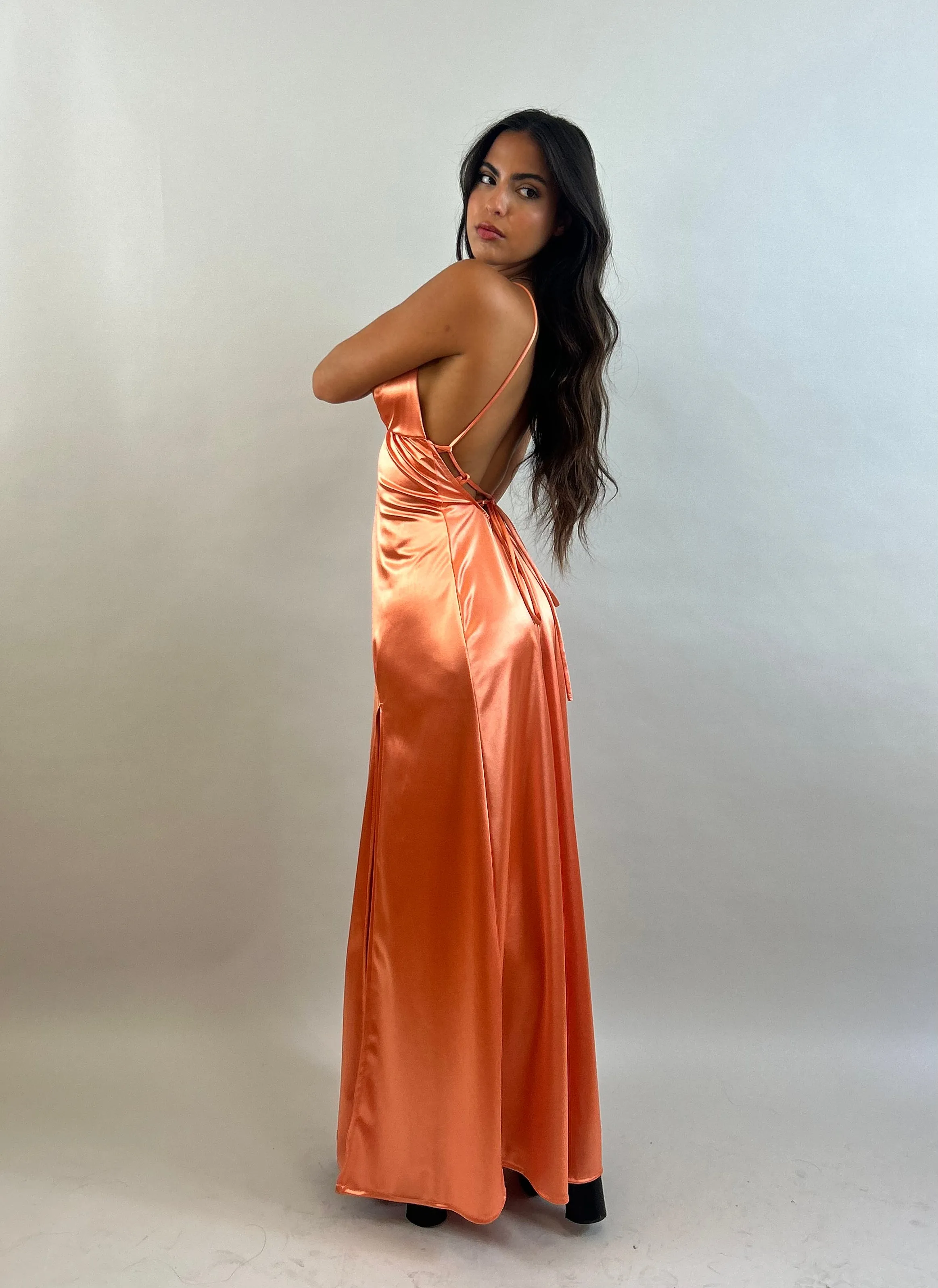 Jessy - Orange V-Neck Satin Evening Dress
