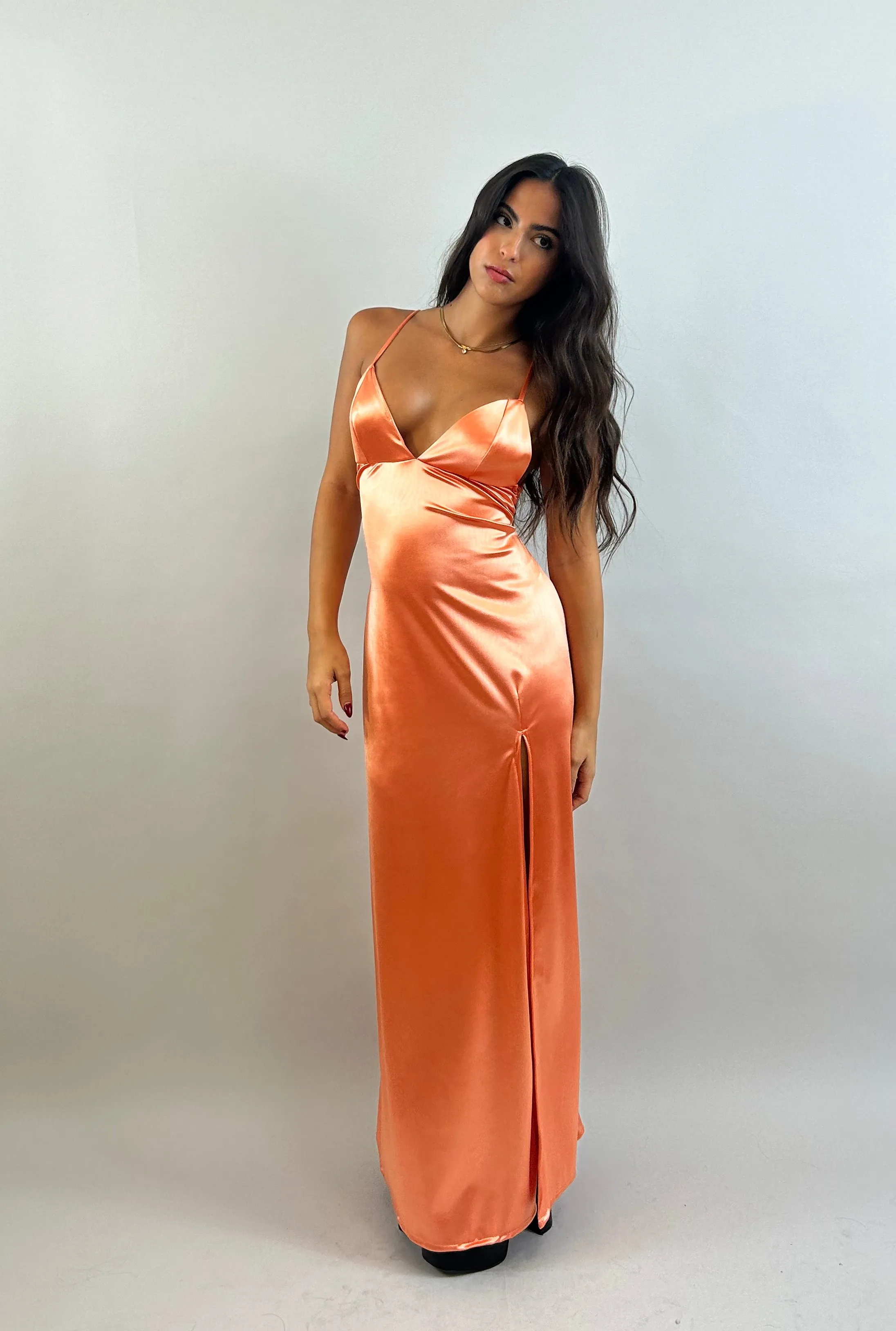Jessy - Orange V-Neck Satin Evening Dress