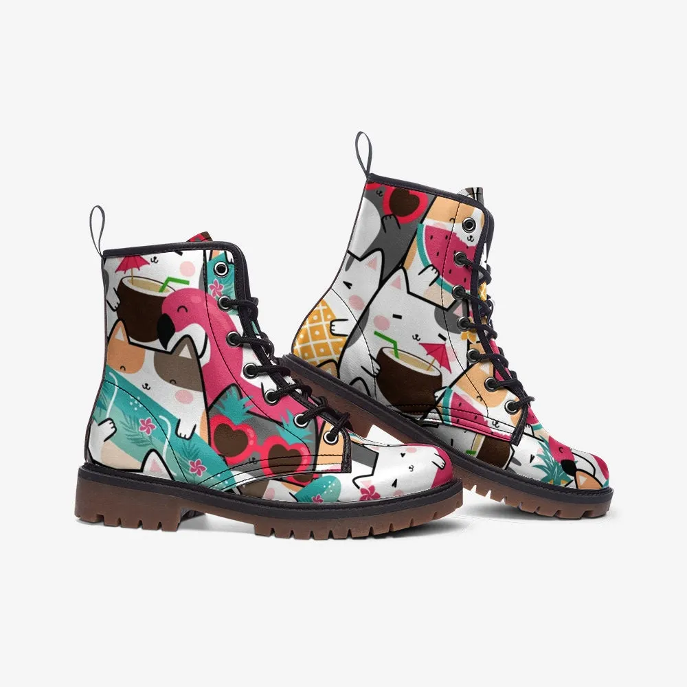 Kawaii Tropical Kittens Vegan Leather Unisex Boots