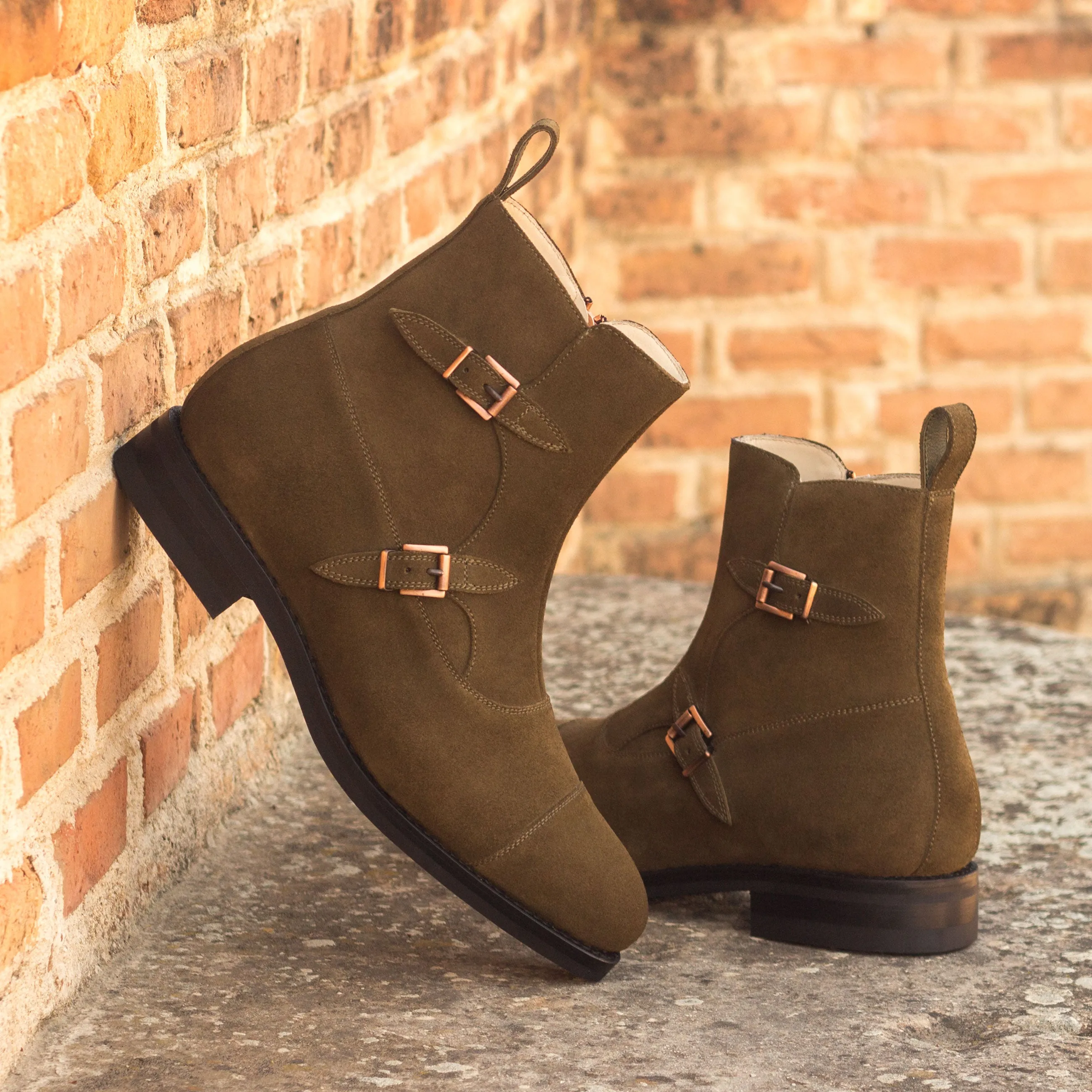 Khaki Suede Double-Monk Boots
