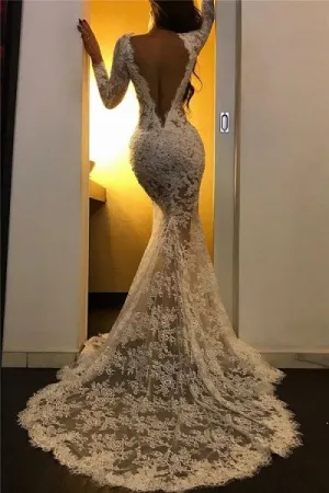 lace evening dresses long sleeve mermaid appliqué open back elegant sexy formal dresses