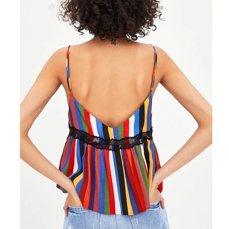 Lace Patchwork Striped Tank Top