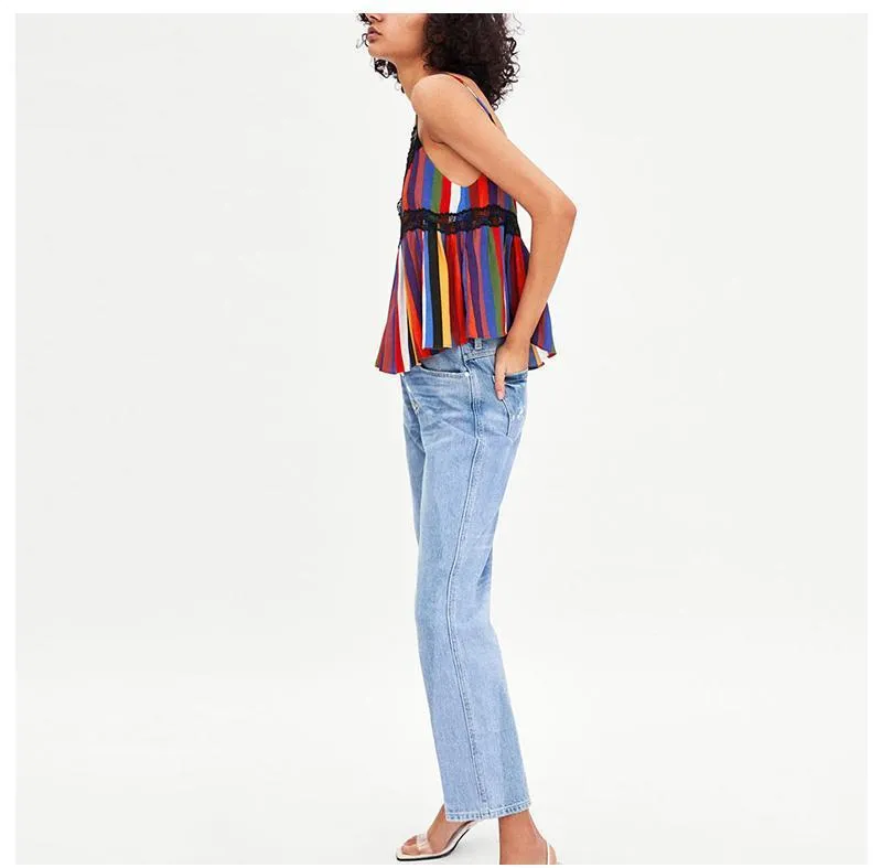 Lace Patchwork Striped Tank Top