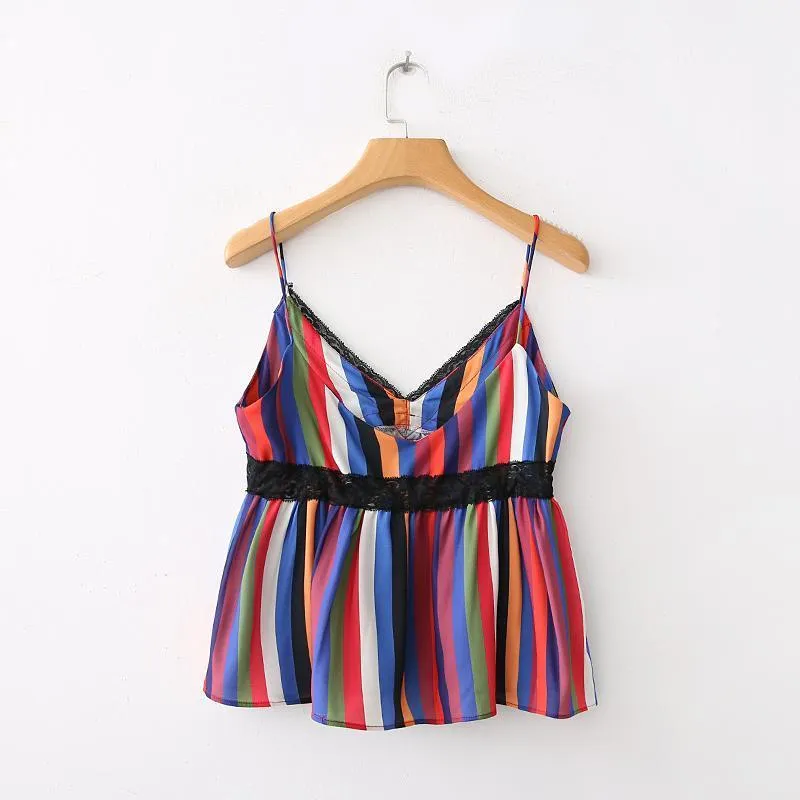 Lace Patchwork Striped Tank Top