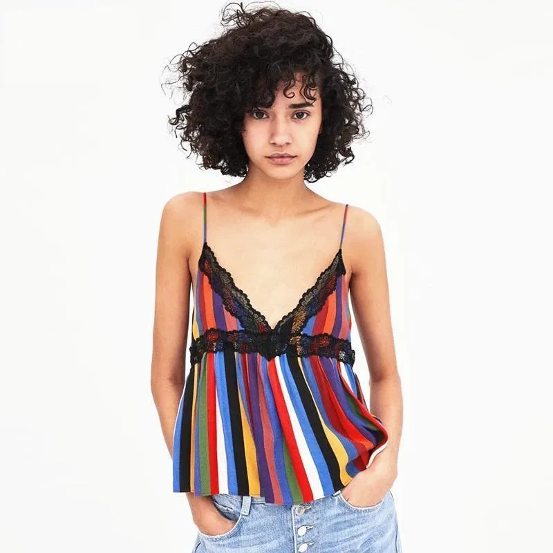Lace Patchwork Striped Tank Top