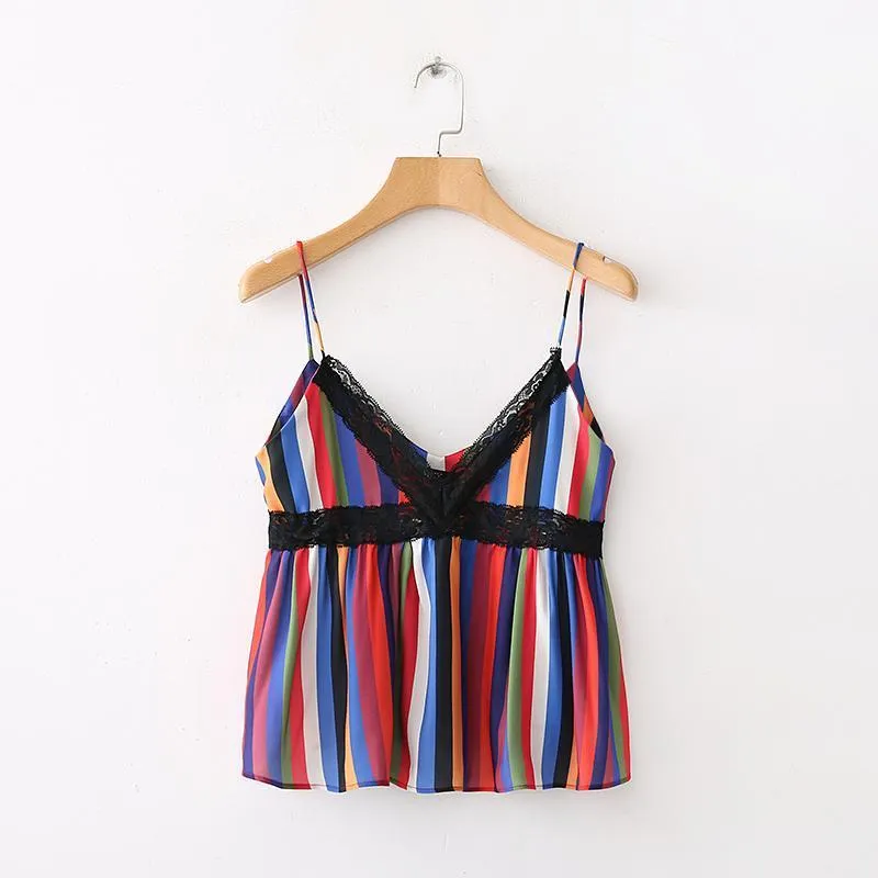Lace Patchwork Striped Tank Top
