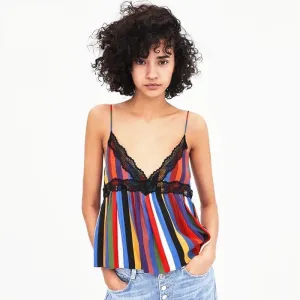 Lace Patchwork Striped Tank Top