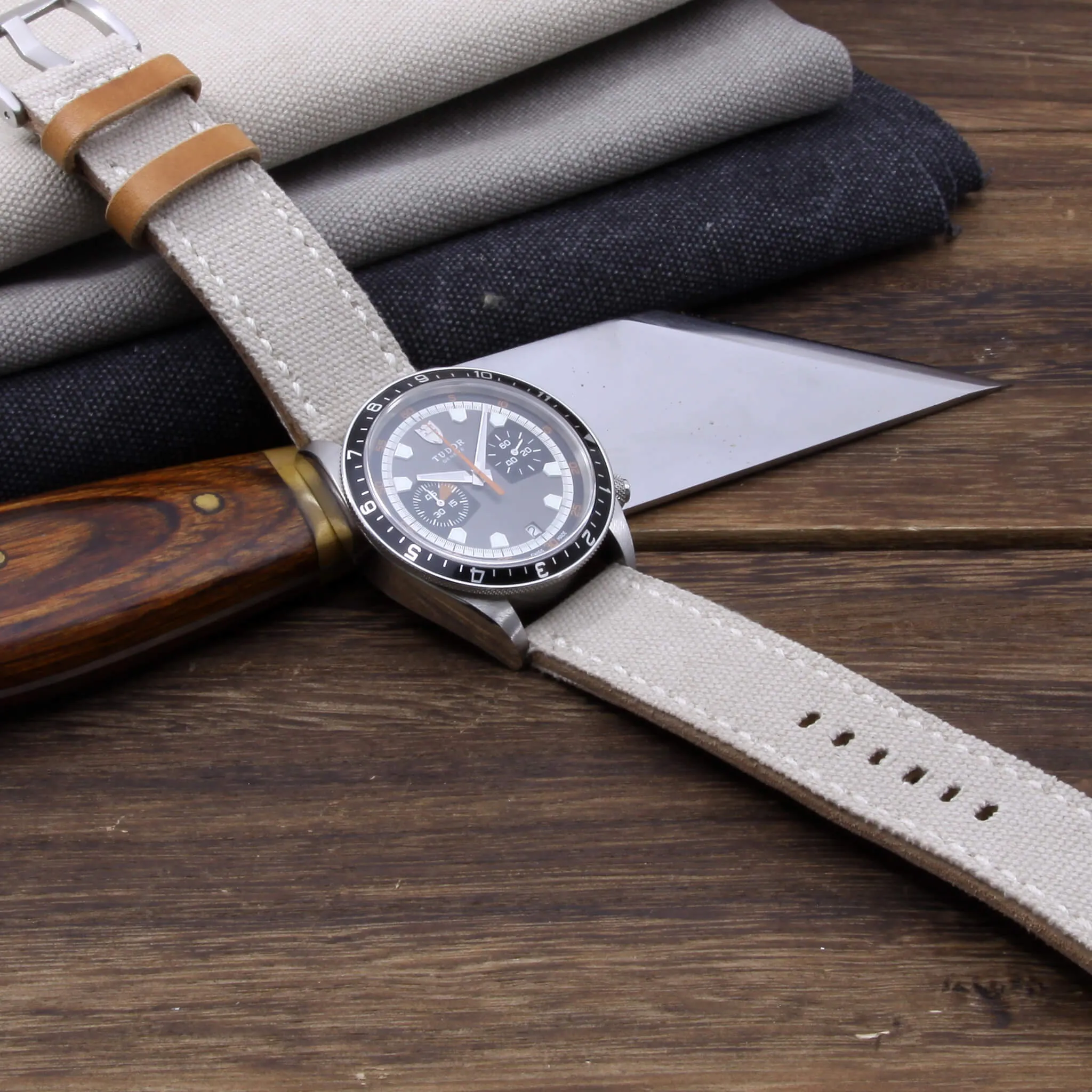 Leather Watch Strap, Beige Canvas | Full Stitch