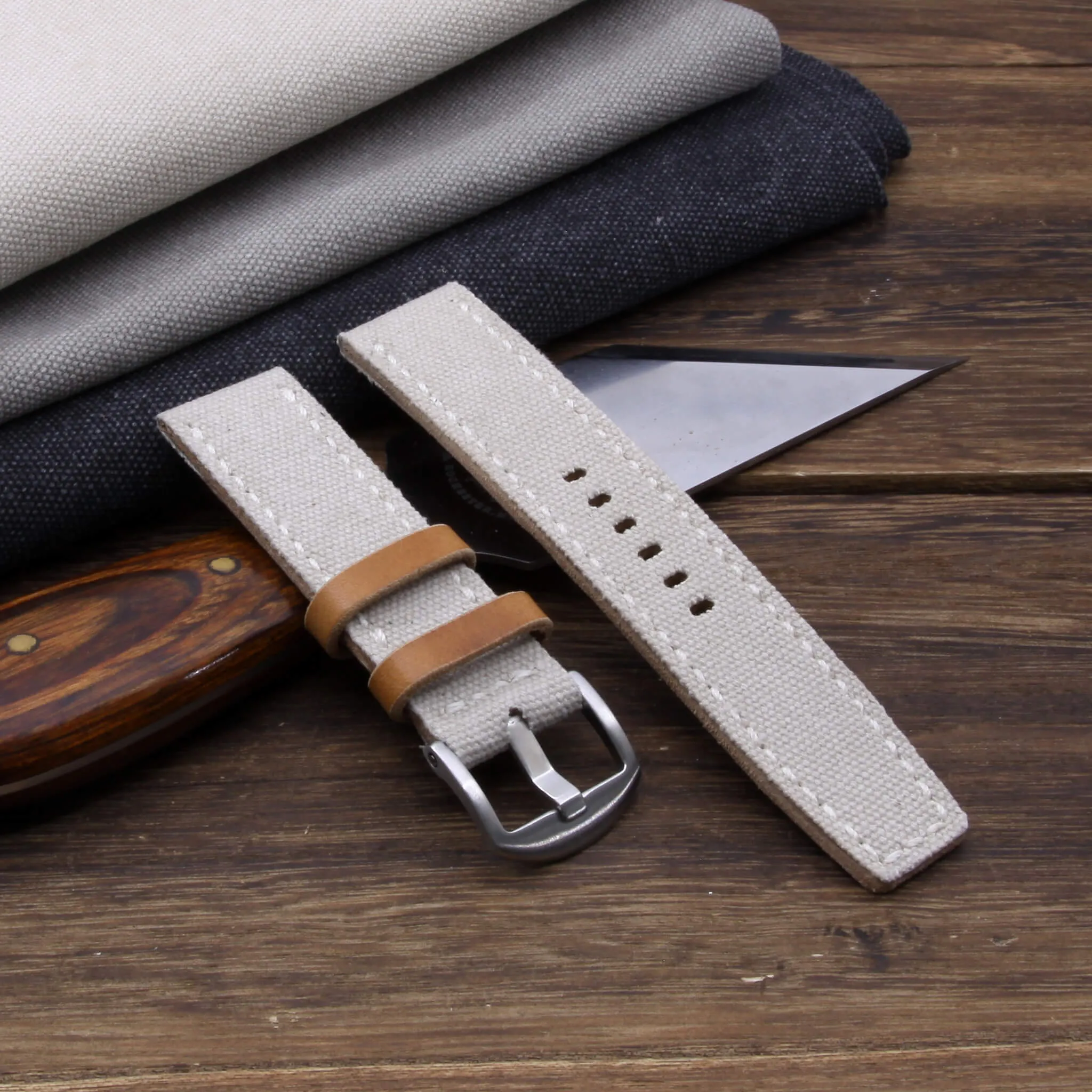 Leather Watch Strap, Beige Canvas | Full Stitch